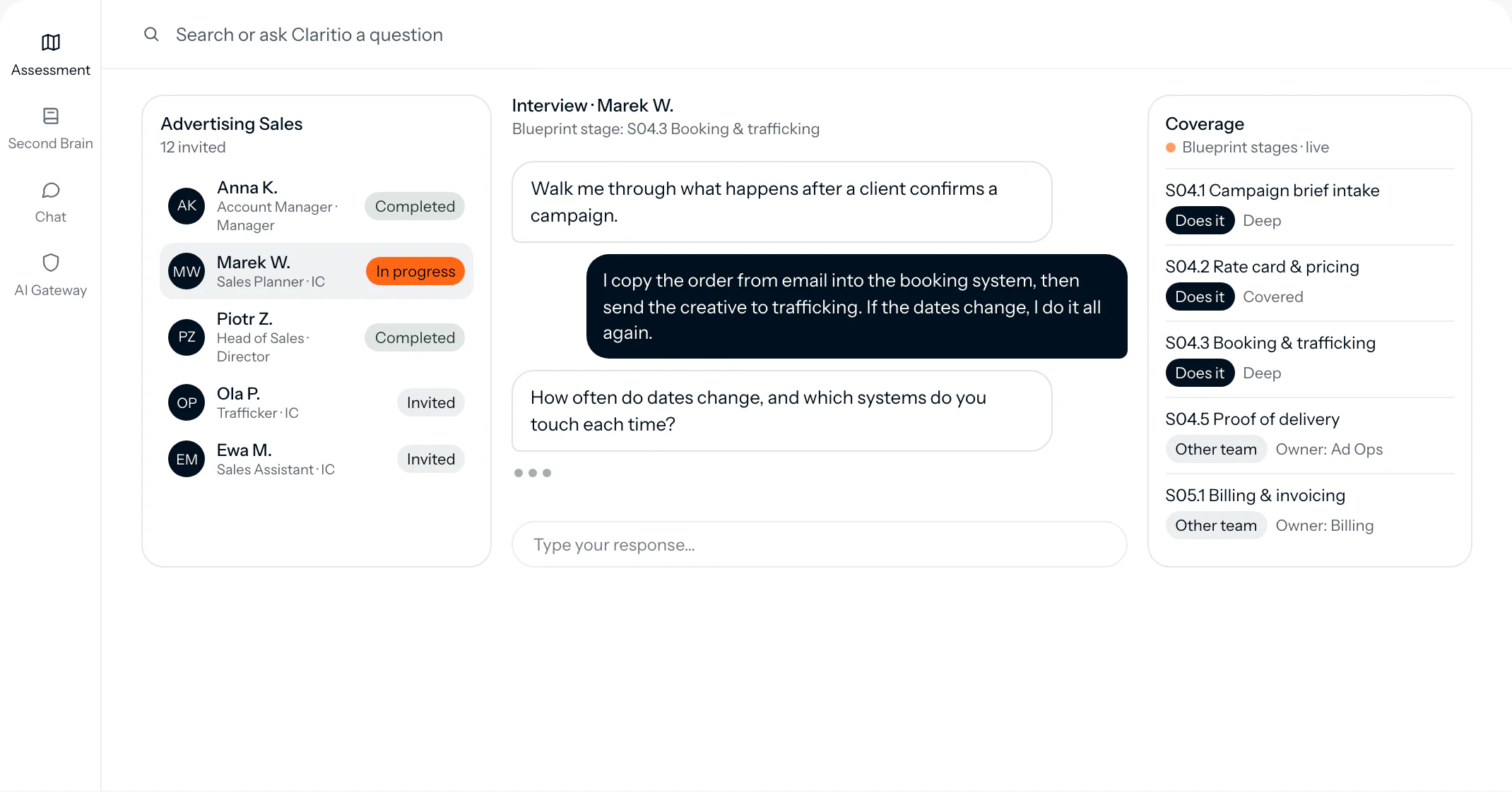 An AI interview in progress with a sales planner, beside the team’s interview status and live coverage of each blueprint stage.