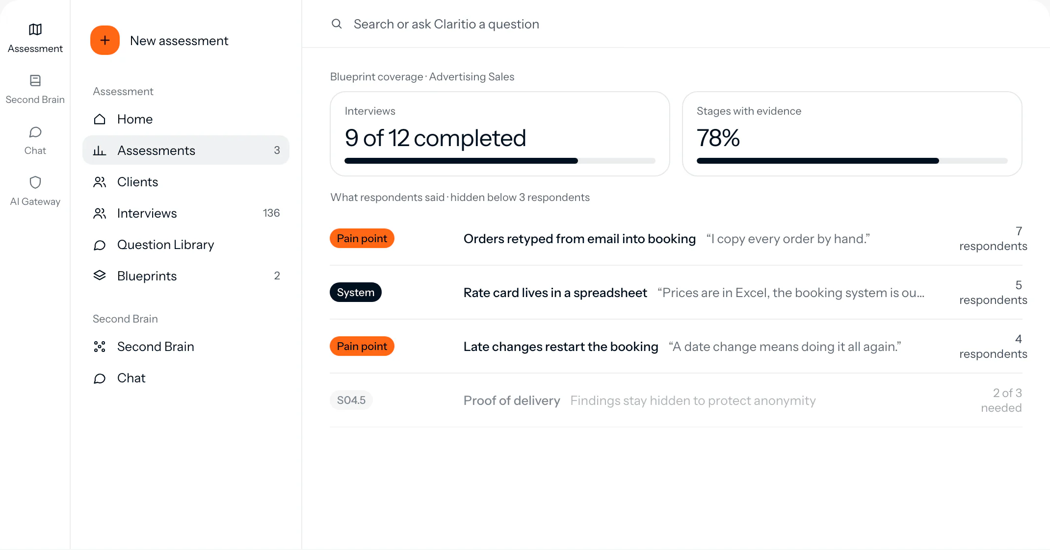 Patterns across completed interviews, each backed by a quote, with small groups hidden for anonymity.